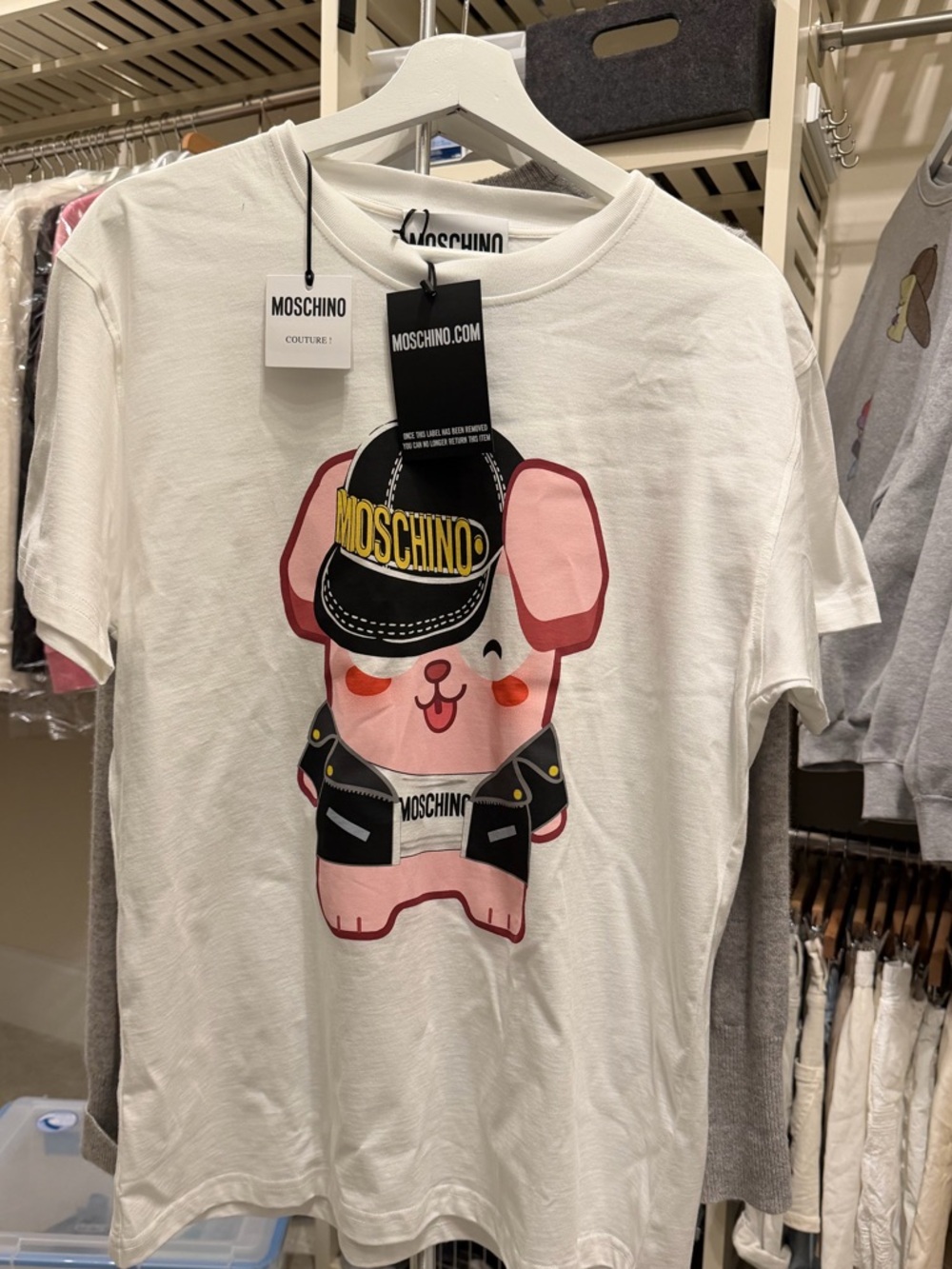 Moschino White Graphic Tee with Pink Cartoon Character